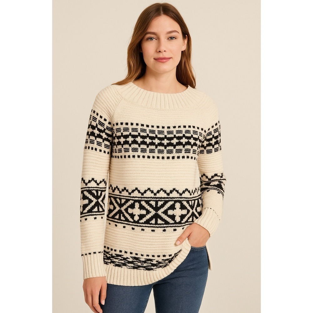 Ralph Lauren Chaps Womens Medium Black Ivory Nordic Stripe Pullover Knit Sweater
